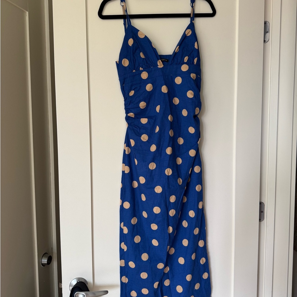 Zara Blue and Cream Polka Dot Midi Dress